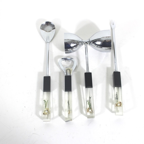 Mid Century Swank Lucite Bar Tool Set with Pearls Seaweed and Shells Steel - Picture 1 of 8